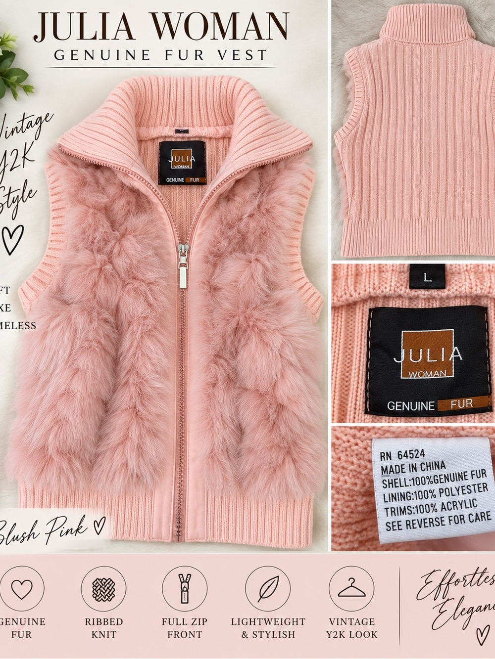julia jordan Blush Pink Faux Fur Ribbed Zip Vest